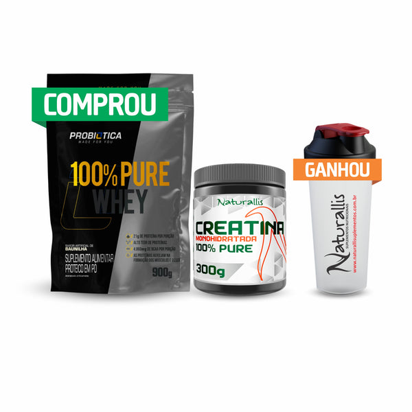 Kit Whey 100% Probiótica + Creatina 100% Pura 300g + Coquetelheira